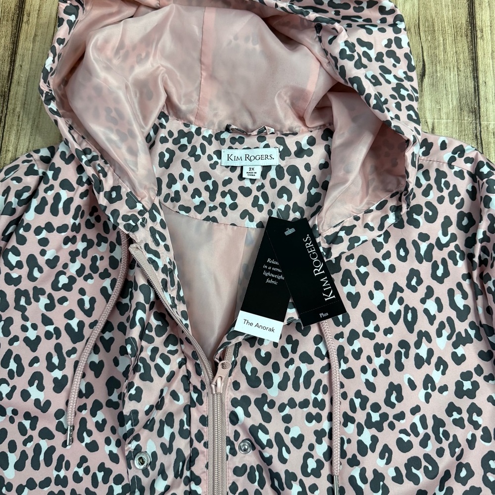 New Kim Rogers Pink Leopard Print Anorak Rain Jacket 2X